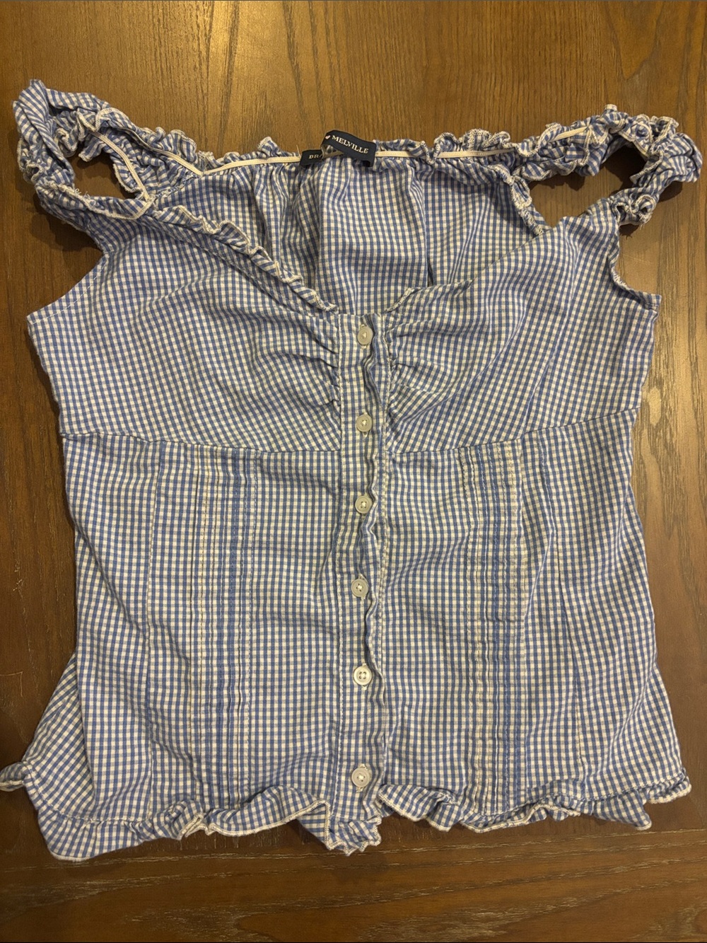 Brandy Melville Blue and White Gingham Ruffle Strap Button-Front Camisole